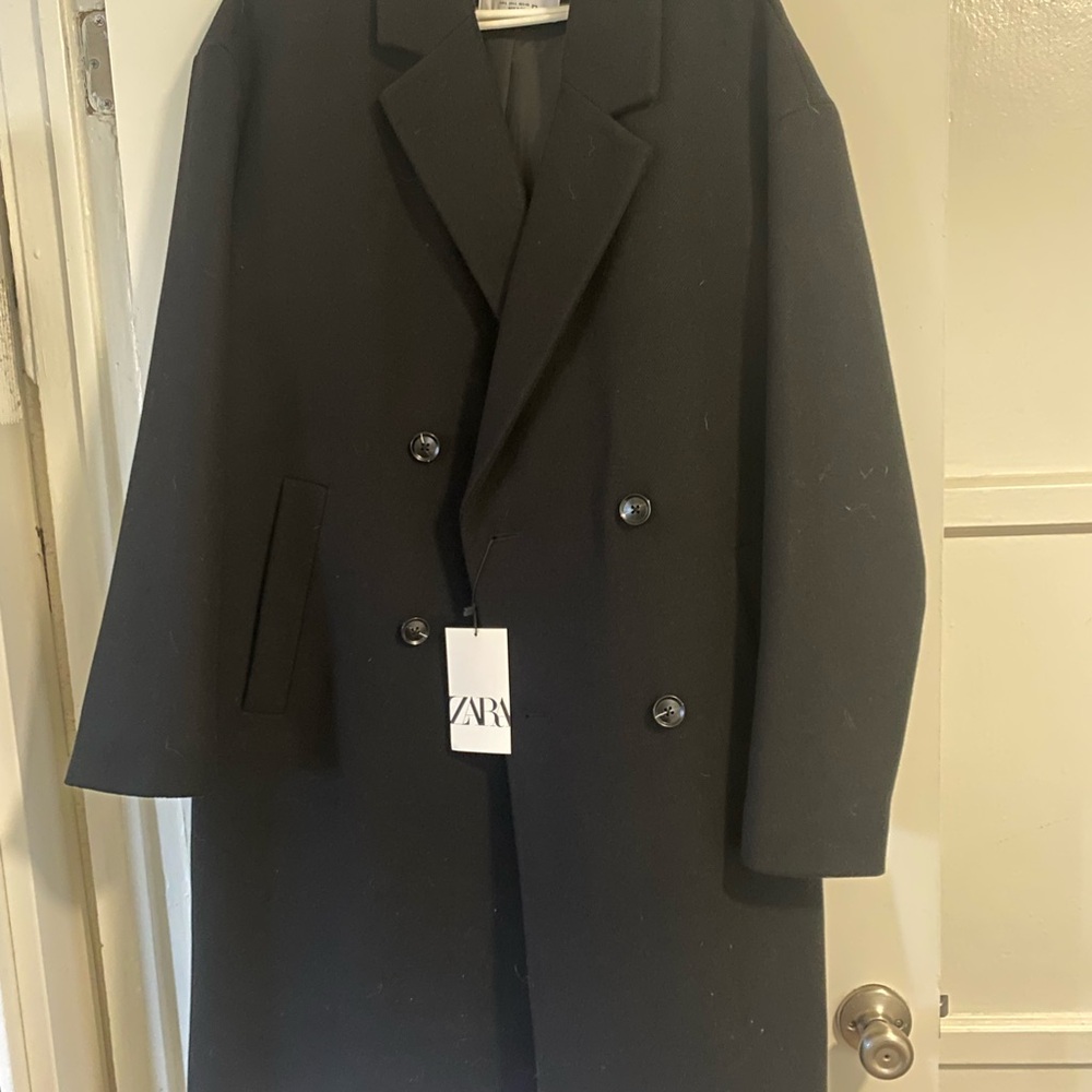 Zara Black Pea Coat Double-Breasted Wool
